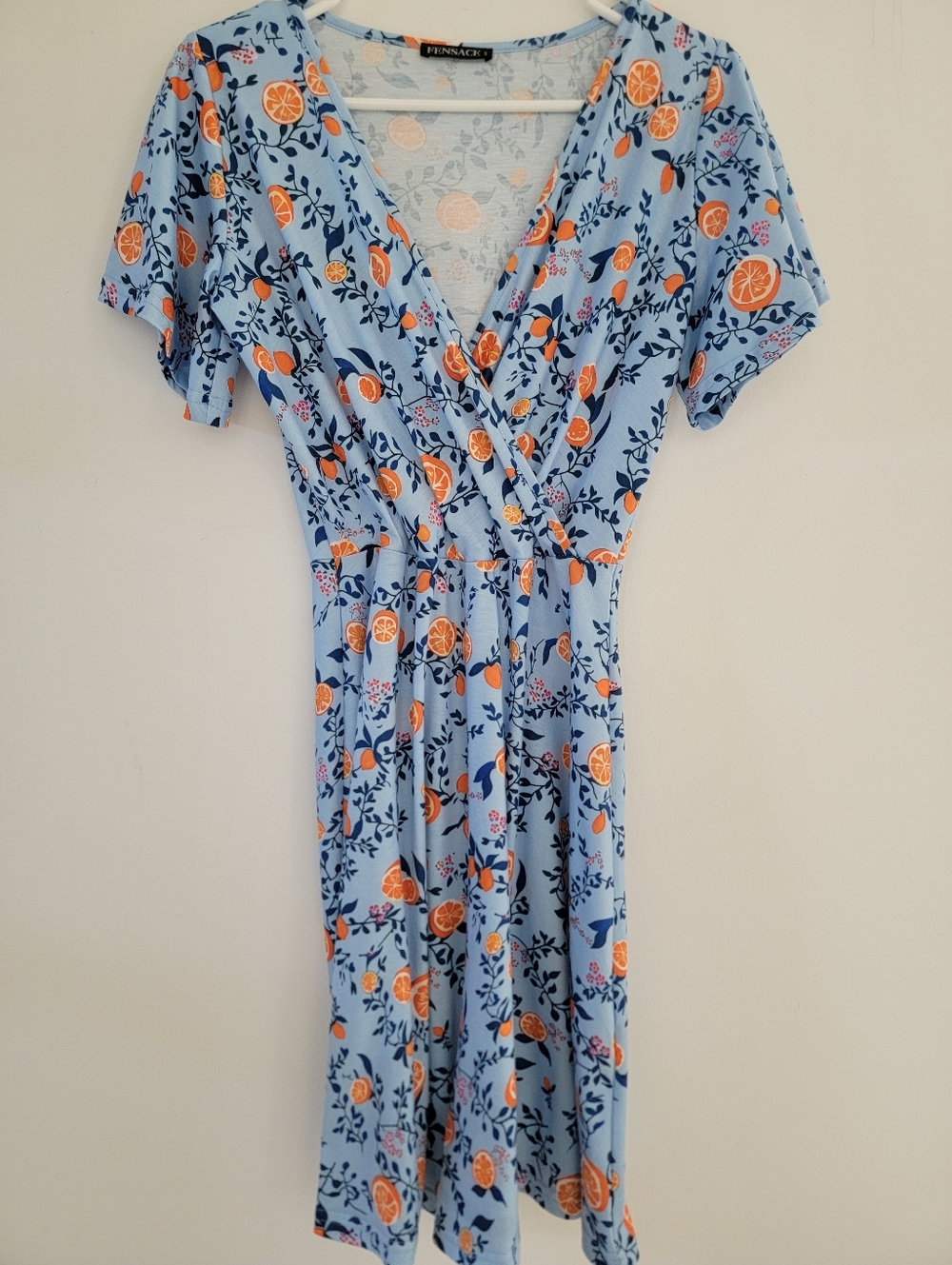 Fensace Blue Orange-Print Wrap Dress Small